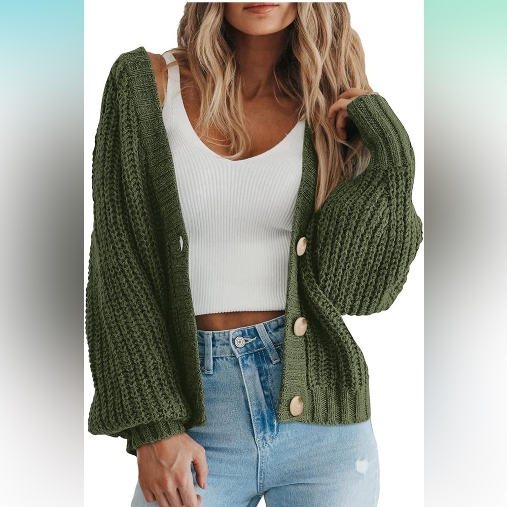 Chunky Knit Open Front Sweater Long Sleeve Button Loose Short Cardigan
8093